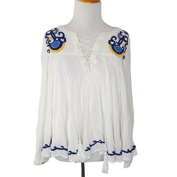 Lovers + Friends Embroidered Peasant Blouse White Lace Up Relaxed XS - Picture 2 of 13